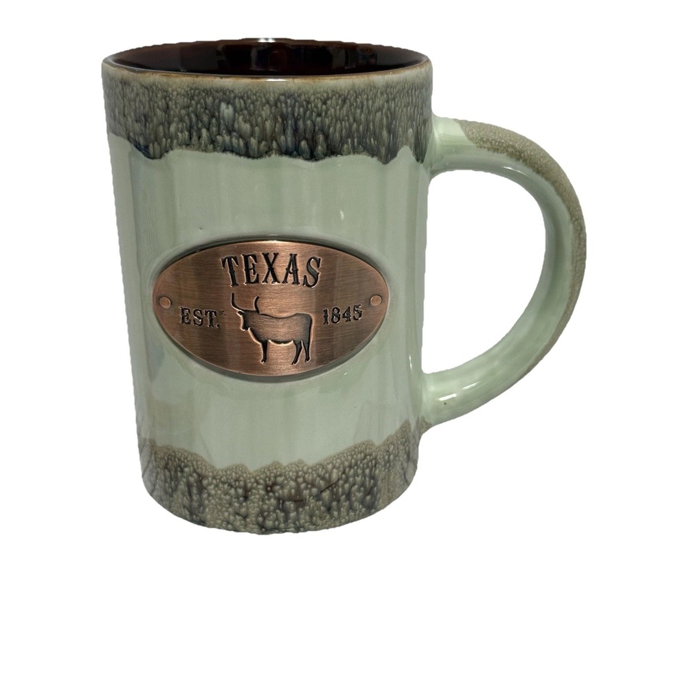 Americaware  Mug Ceramic with Copper Plate TEXAS  Green w/Brown Drip Glaze‎